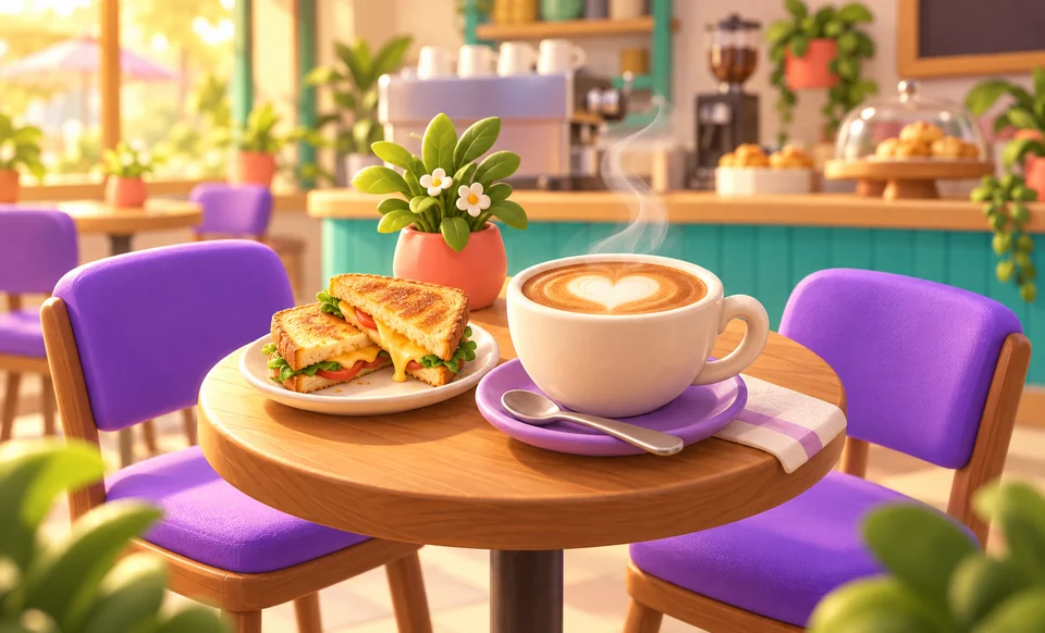Ilustração de apresentação do Scraps Café, com um salão acolhedor.