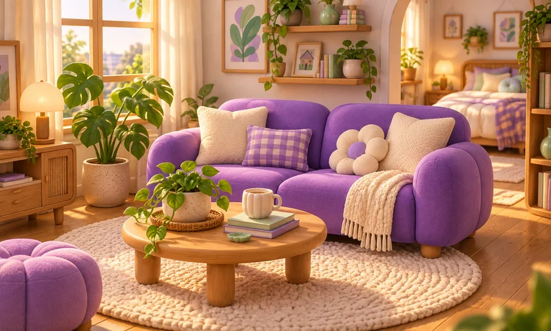 Ilustração de apresentação de Minha Casa, com sofá roxo, plantas e luz suave.